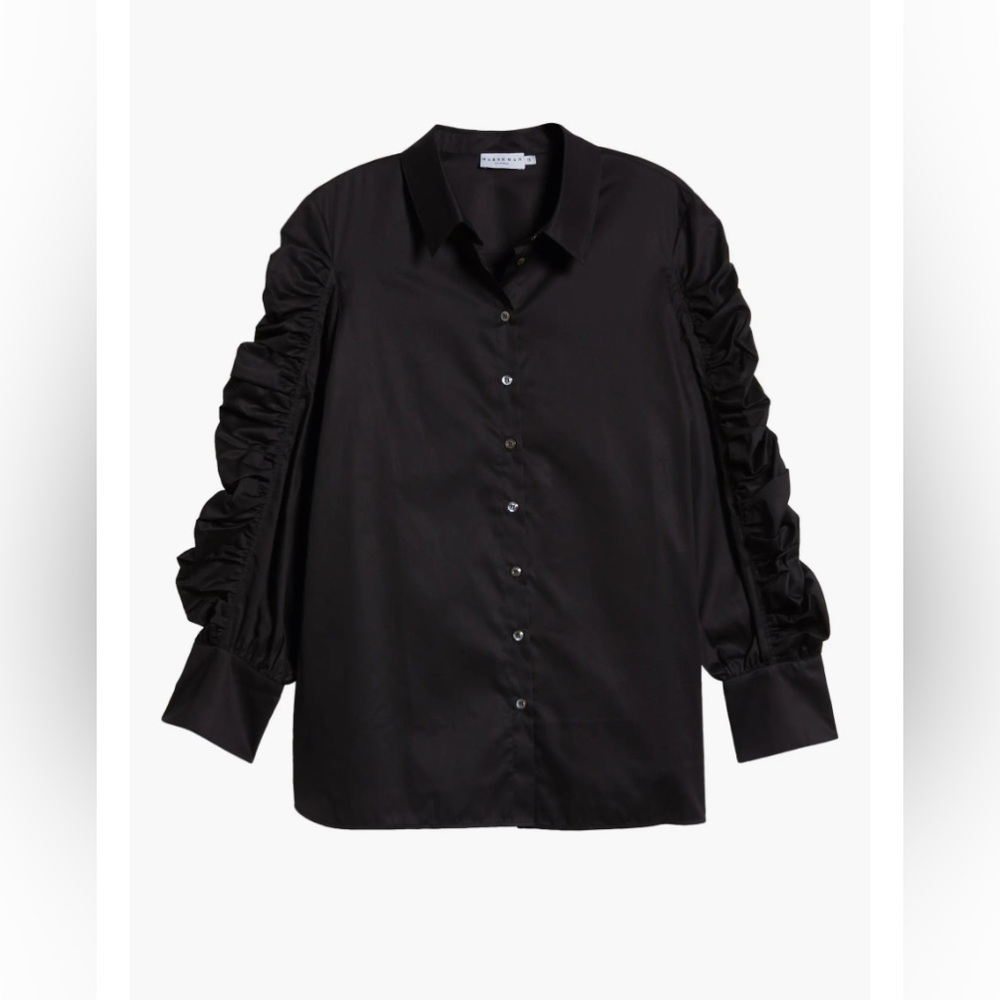 $219 Harshman Juliana Black 100% Cotton Ruched Sleeve Shirt Size Small NWT